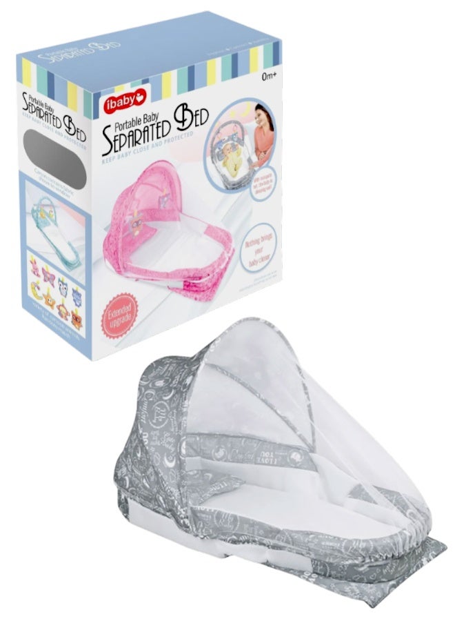 Gray Portable Baby Separated Bed with Mosquito Net & Toys – Elegant & Safe Travel Bassinet. - Image 2
