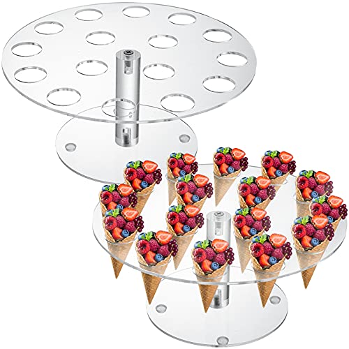 Peohud 2 Pack Ice Cream Cone Holder, 16 Holes Acrylic Ice Cream Cone Display Stand, Clear Waffle Hand Roll Sushi Display Rack for Weddings, Birthday Parties, Anniversaries, Round - Image 1
