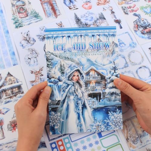 Dwpetzo Ice and Snow Winter Scrapbook Stickers for Scrapbooking Supplies, 20 Sheets A5 Washi Paper Transparent PET Die Cut Stickers Book for Journaling, Junk Journal, Collage, Adults Crafts Arts - Image 3