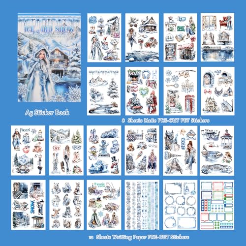 Dwpetzo Ice and Snow Winter Scrapbook Stickers for Scrapbooking Supplies, 20 Sheets A5 Washi Paper Transparent PET Die Cut Stickers Book for Journaling, Junk Journal, Collage, Adults Crafts Arts - Image 2