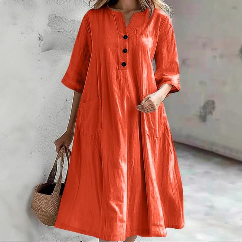 فستان نسائي متوسط الطول بتصميم V-الرقبة وأكمام نصفية وجيوب - Image 4