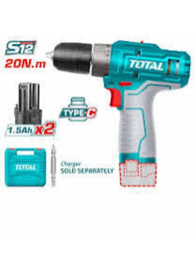 TOTAL 12V Cordless Drill with 2×1.5Ah Batteries – 20Nm Torque - Image 1