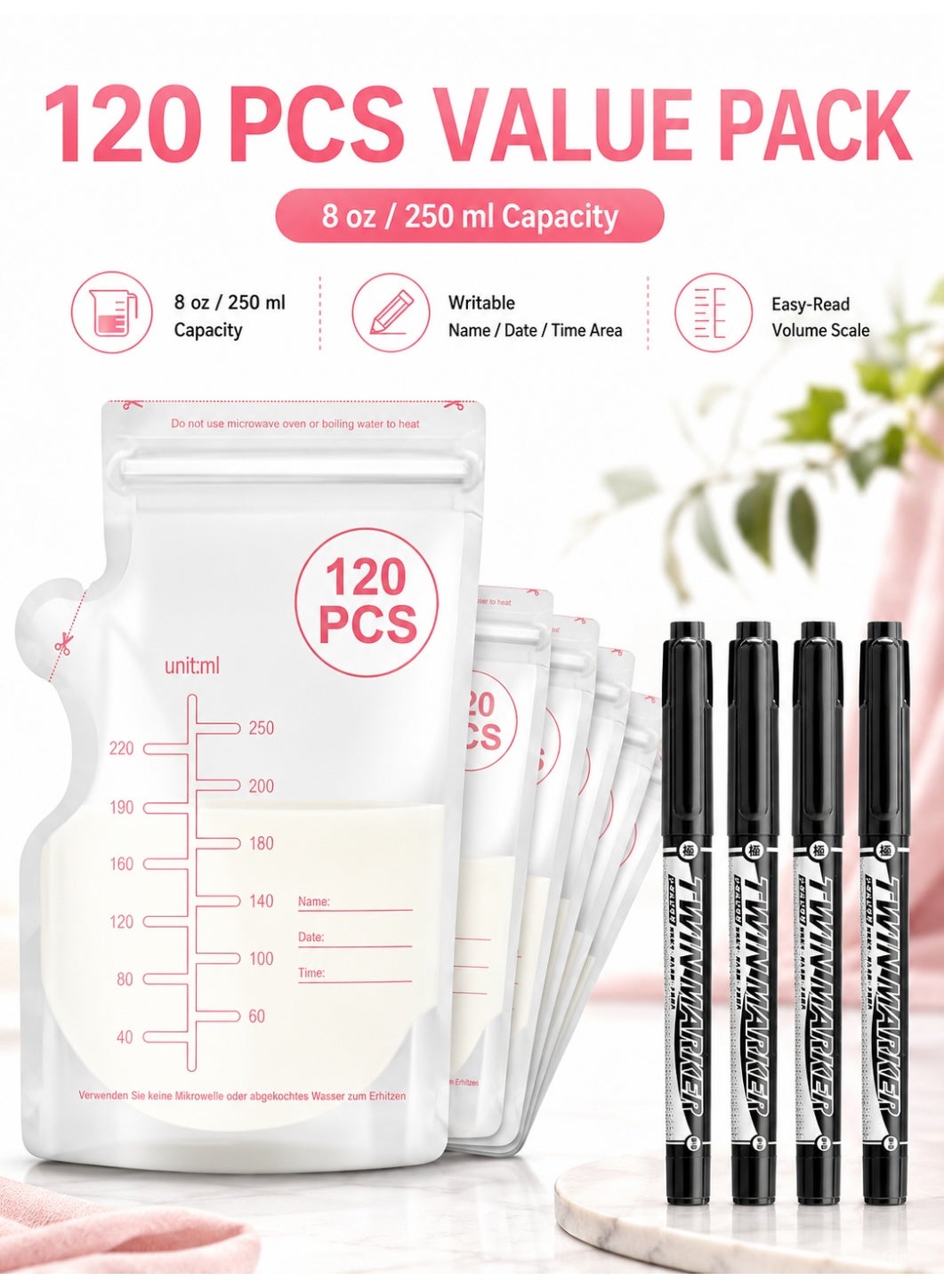 120Pcs Breastmilk Storage Bags, 8Oz Easy Pour Storage Bags, Leak Free, Double Zipper Seal, Hygienic, Freezer Safe, 250ml Milk Storage Bags with 4 Marker Pens
