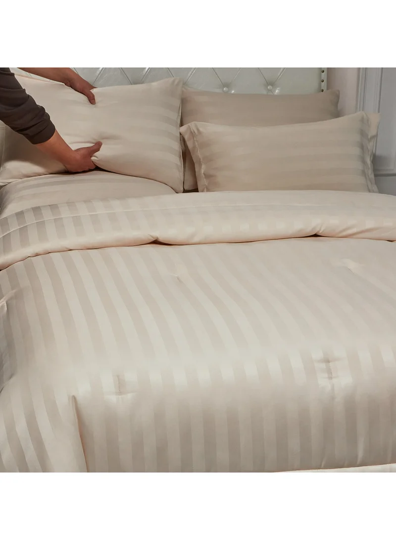 Donetella 6-Piece Damask Stripes Hotel Style Comforter Microfiber ,Bartack Quilting ,King 260 x 240 Cms ,French Oak