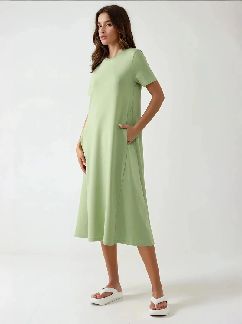 HICCUP Crew Neck Short Sleeve Basic Midi Dress Busem Collection