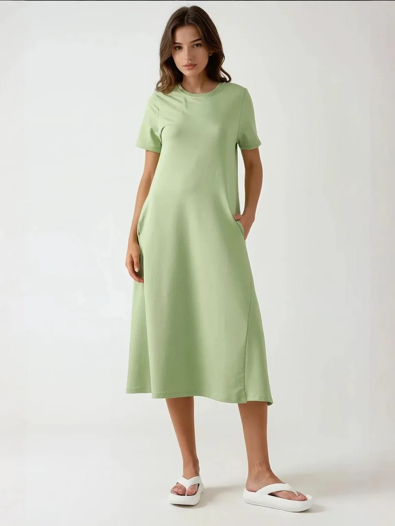 HICCUP Crew Neck Short Sleeve Basic Midi Dress Busem Collection