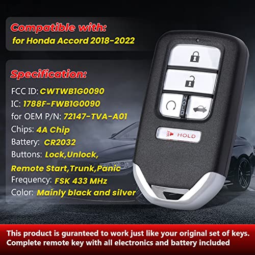 Aichiyu Keyless Entry Smart Proximity Remote Key Fob 5 Buttons 433Mhz Control Transmitter Keyfob for Honda Accord 2018 2019 2020 2021 2022, P/N: 72147-TVA-A01, FCC ID: CWTWB1G0090 - Image 3
