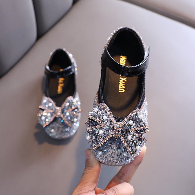 2025 Korean Style Ladies New Girls Princess Girl Bow Leather Shoes Crystal Shoes Velcro Dance Shoes - Image 2