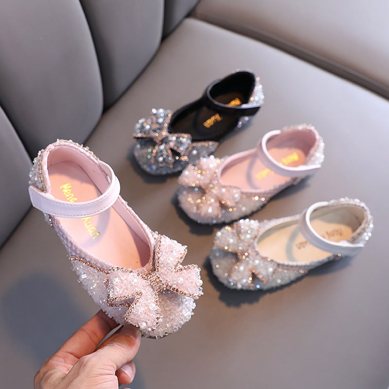 2025 Korean Style Ladies New Girls Princess Girl Bow Leather Shoes Crystal Shoes Velcro Dance Shoes - Image 1