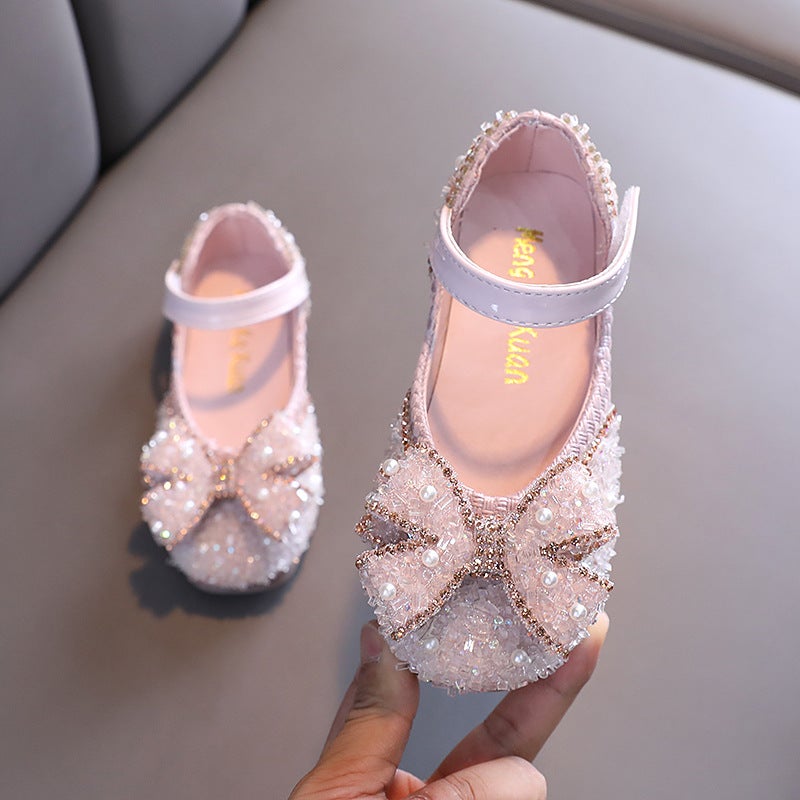 2025 Korean Style Ladies New Girls Princess Girl Bow Leather Shoes Crystal Shoes Velcro Dance Shoes - Image 3