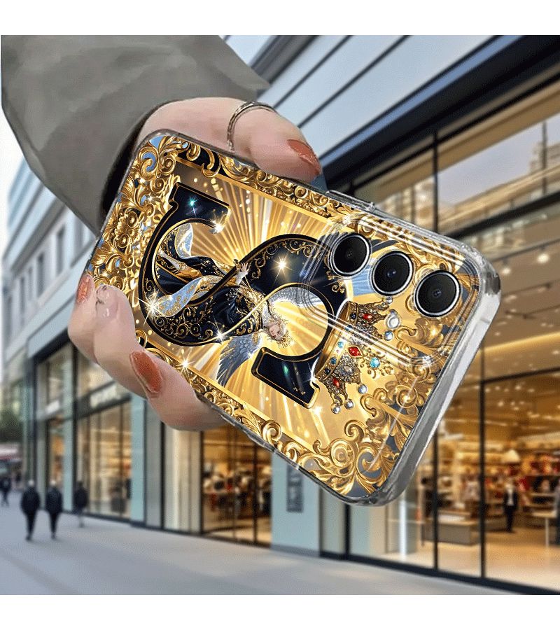 Luxurious Crown Angel Pattern Phone Case Gold Border Deep Blue Mixed Color For Galaxy A04 - Image 5