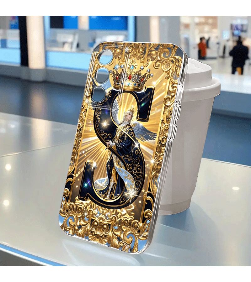 Luxurious Crown Angel Pattern Phone Case Gold Border Deep Blue Mixed Color For Galaxy A04 - Image 1