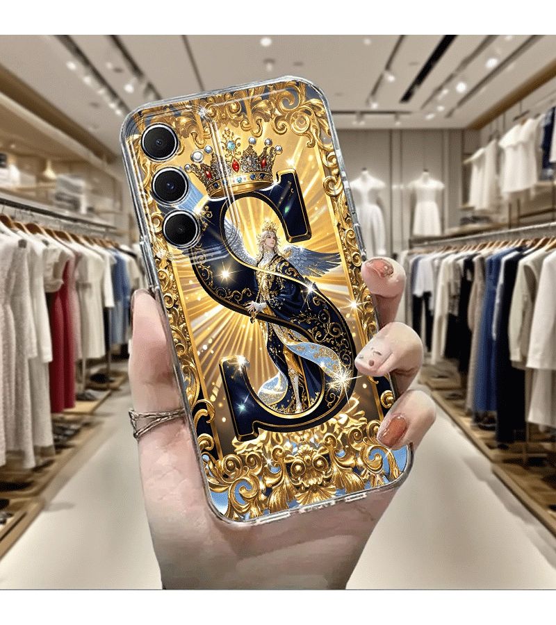 Luxurious Crown Angel Pattern Phone Case Gold Border Deep Blue Mixed Color For Galaxy A04 - Image 3