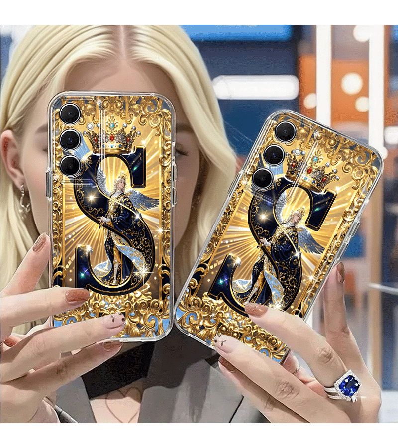 Luxurious Crown Angel Pattern Phone Case Gold Border Deep Blue Mixed Color For Galaxy A04 - Image 2
