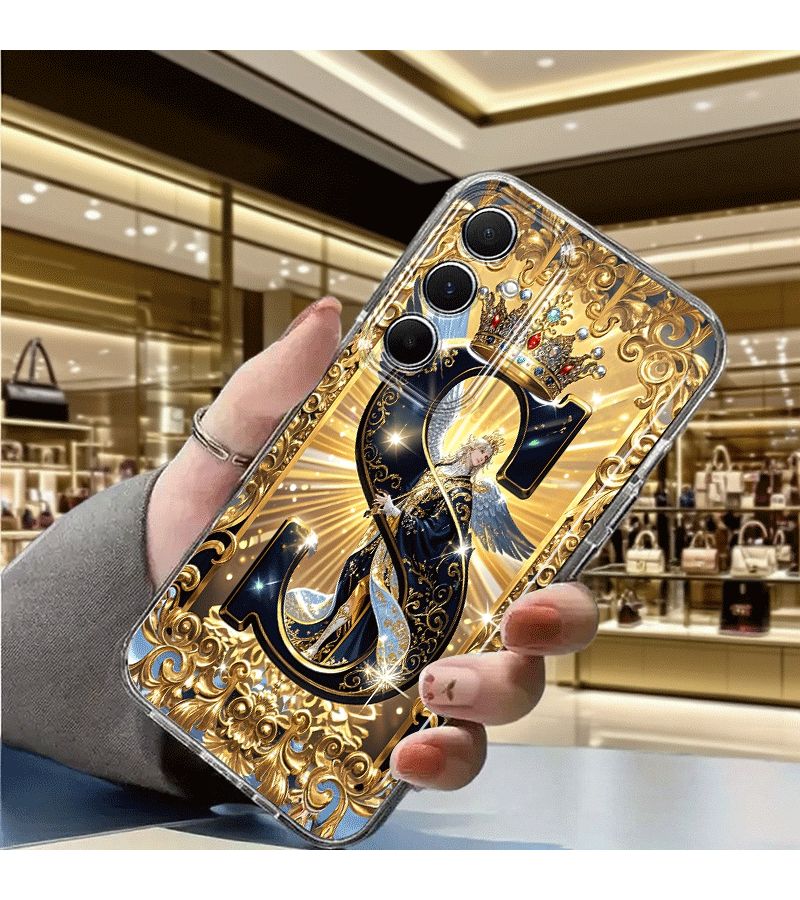 Luxurious Crown Angel Pattern Phone Case Gold Border Deep Blue Mixed Color For Galaxy A04 - Image 4