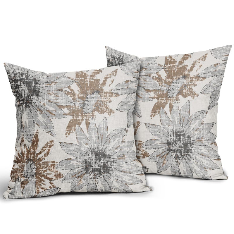 Sweetshow Brown Grey Gray Pillow Covers 18x18 Set of 2 Retro Sunflower Flowers Print Decorative Throw Pillows Outdoor Modern Art Floral Pillowcase Square Linen Cushion Case for Home Sofa Couch Bed - Image 2