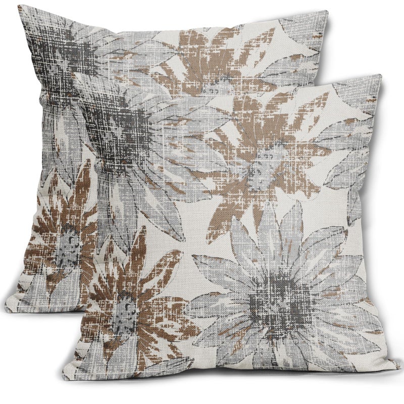 Sweetshow Brown Grey Gray Pillow Covers 18x18 Set of 2 Retro Sunflower Flowers Print Decorative Throw Pillows Outdoor Modern Art Floral Pillowcase Square Linen Cushion Case for Home Sofa Couch Bed - Image 1