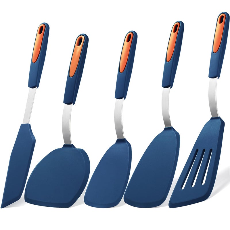To encounter 5 Pieces Silicone Spatula Set  Non-Stick Silicone Turner Spatulas  Heat Resistance Cooking Utensils  Flip Turner for Fish  Egg  Pancake  Navy Blue - Image 1