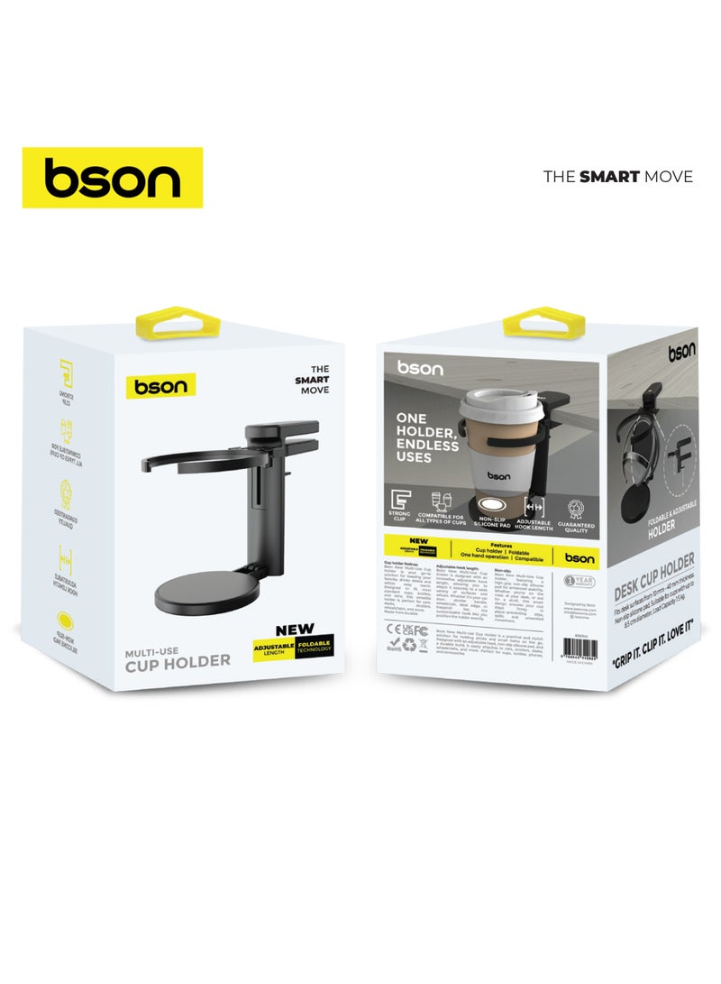 BSON Multi Use Cup Holder with Strong Clip and Adjustable Hook - Universal Fit for Strollers Desks Bikes and More - Non Slip Silicone Pad and Durable Travel Ready Design - Image 2