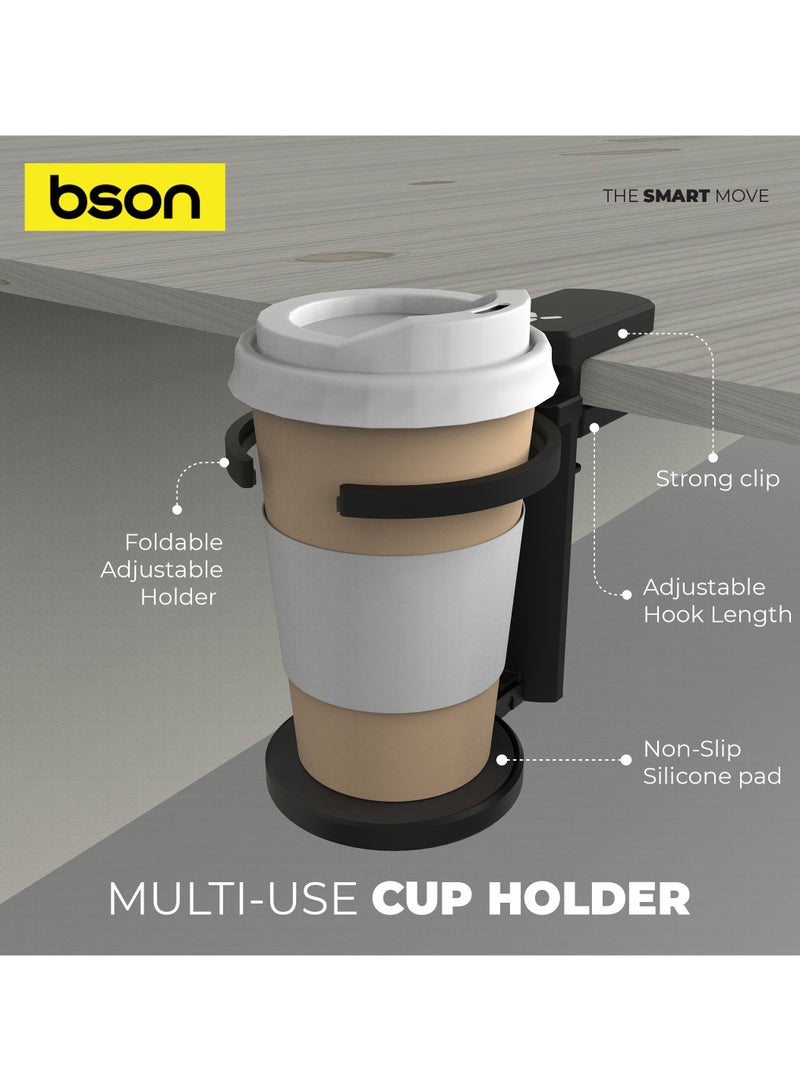 BSON Multi Use Cup Holder with Strong Clip and Adjustable Hook - Universal Fit for Strollers Desks Bikes and More - Non Slip Silicone Pad and Durable Travel Ready Design - Image 4