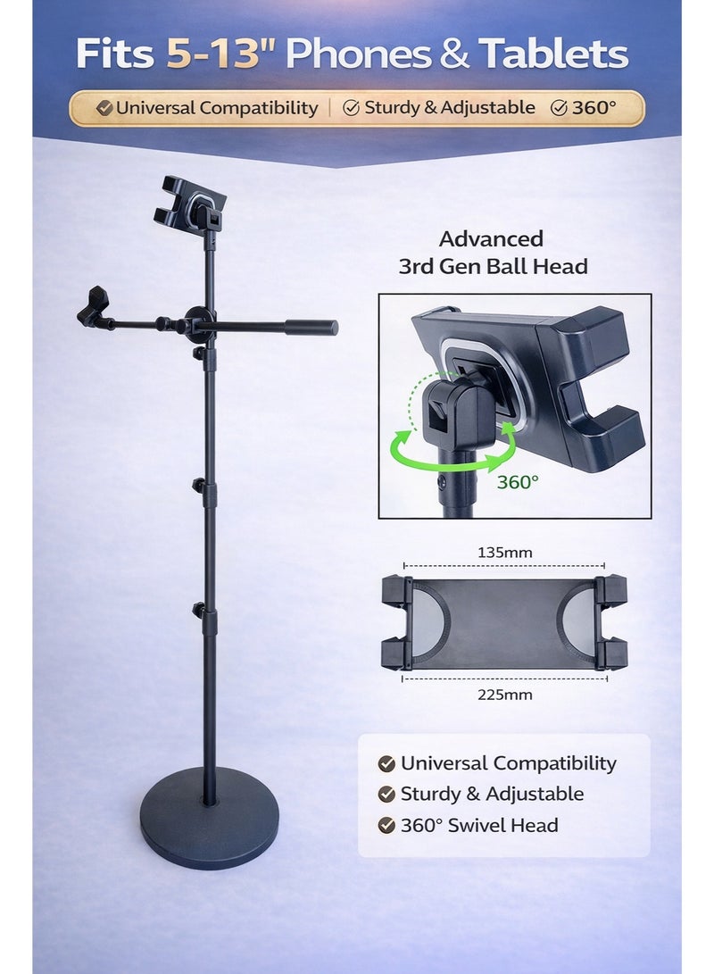 WALALLA All-in-One Microphone Floor Stand with Phone and Tablet Holder, Adjustable Live Streaming Stand for 5-13 Inch Devices, 360° Rotating Mic Stand for Karaoke, Singing, Recording, Studio, Home and Shop Use - Image 3