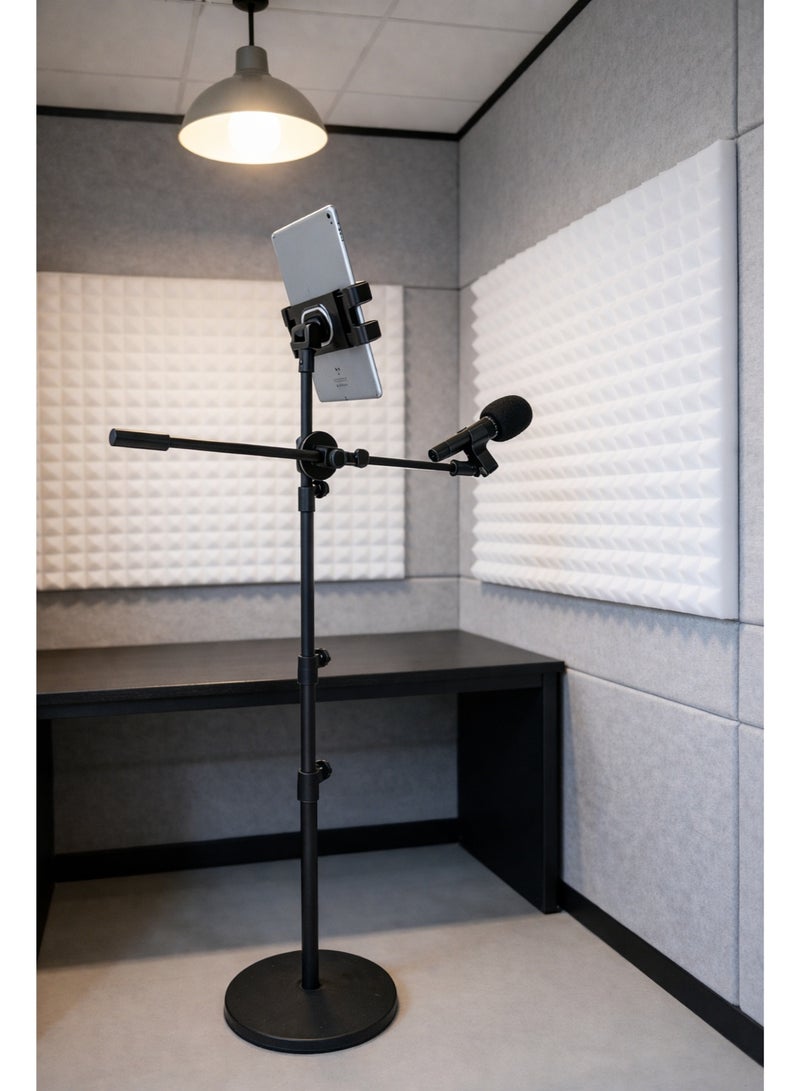 WALALLA All-in-One Microphone Floor Stand with Phone and Tablet Holder, Adjustable Live Streaming Stand for 5-13 Inch Devices, 360° Rotating Mic Stand for Karaoke, Singing, Recording, Studio, Home and Shop Use - Image 5