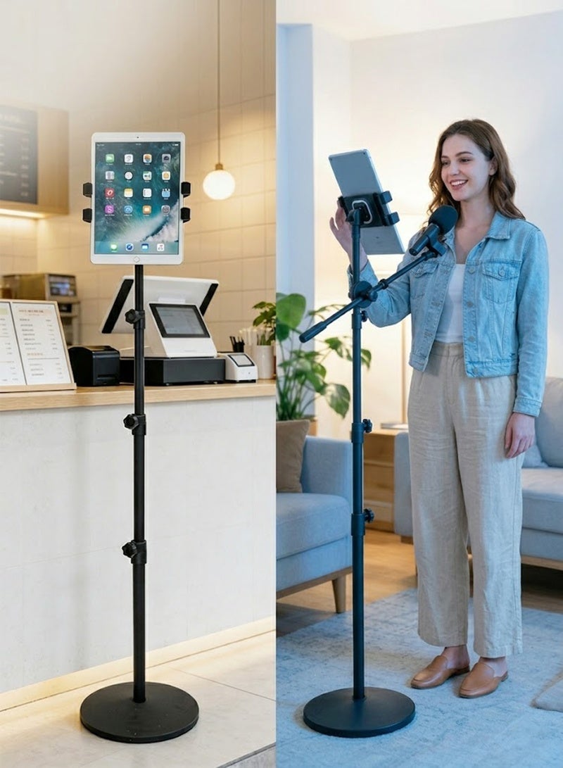WALALLA All-in-One Microphone Floor Stand with Phone and Tablet Holder, Adjustable Live Streaming Stand for 5-13 Inch Devices, 360° Rotating Mic Stand for Karaoke, Singing, Recording, Studio, Home and Shop Use - Image 1