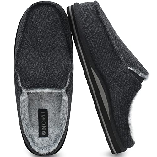 ONCAI Mens Slippers with Orthotic Arch Support,Cotton-Blend High-Density Memory Foam Plantar Fasciitis House Slippers Warm Stripe Faux Fur Clogs Slip-on Indoor Outdoor Rubber Sole BlackSize 14 - Image 1