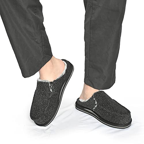 ONCAI Mens Slippers with Orthotic Arch Support,Cotton-Blend High-Density Memory Foam Plantar Fasciitis House Slippers Warm Stripe Faux Fur Clogs Slip-on Indoor Outdoor Rubber Sole BlackSize 14 - Image 2