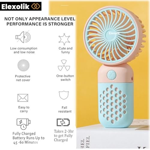 Elexolik Portable Mini Fan Rechargeable Handy Fan with High Speed On/Off Switch 2000mAh Battery, Lightweight Design and Easy Portability for Indoor and Outdoor Use (Color May Vary) - Image 3