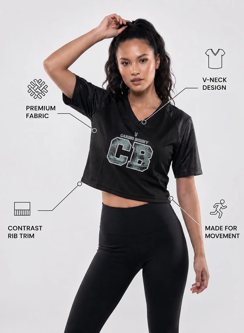 Cardio Bunny Women's Regular Fit Crop Varsity Tee With Raglan Sleeve