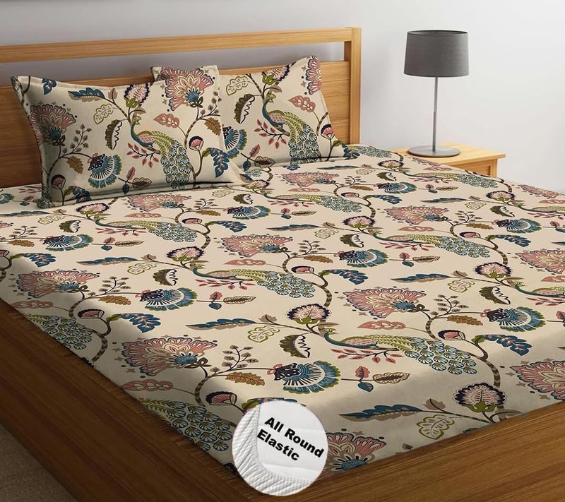 ULOM 220 TC Elastic Fitted Double King Size Bed Cotton Bedsheets with 2 Pillow Covers - King Size 78" x 72" Lruxurious Bedding Set for Ultimate Comfort and Style (Beige Anokhi) - Image 2