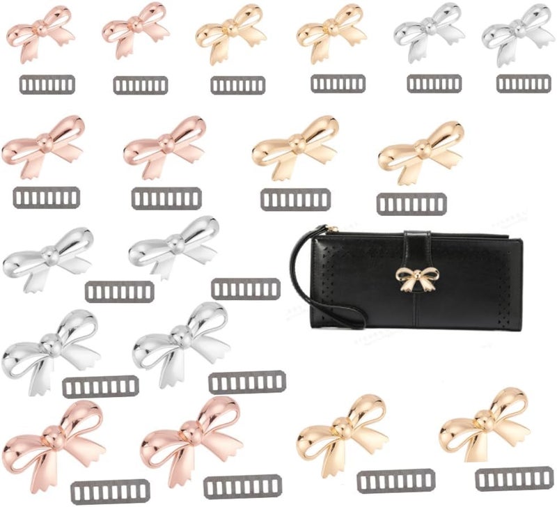 klarako 18 Sets Bow Decorative Clip Buckles, 9 Styles Bag Cover Wallet Decoration Clasps with Shims Women Dress Sweater Jewlery Crafts Boot Embellishment No-Sewing Bowknot Button for Jacket Coats - Image 1