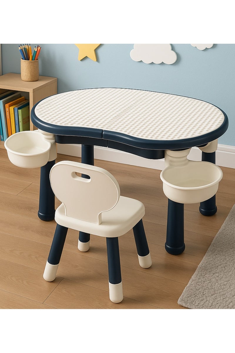 Kids Activity Table & Adjustable Chair Set – Dual-Sided Play & Study Desk with Storage Baskets – Building Block Table for Children – BPA-Free, Durable & Easy to Clean (Navy)