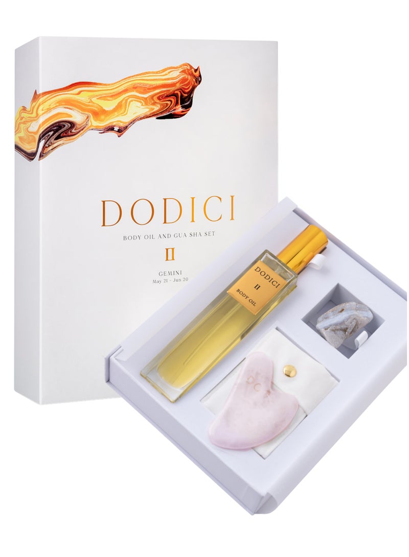 Dodici Gift Set Inspired by Your Zodiac Sign (Gemini) Silky and luxurious body oil made from ecological oils | Perfect for a Birthday Gift | Organic Body Oil & Natural BLUE CHALCEDONY Gift Set + Gua Sha - Image 1