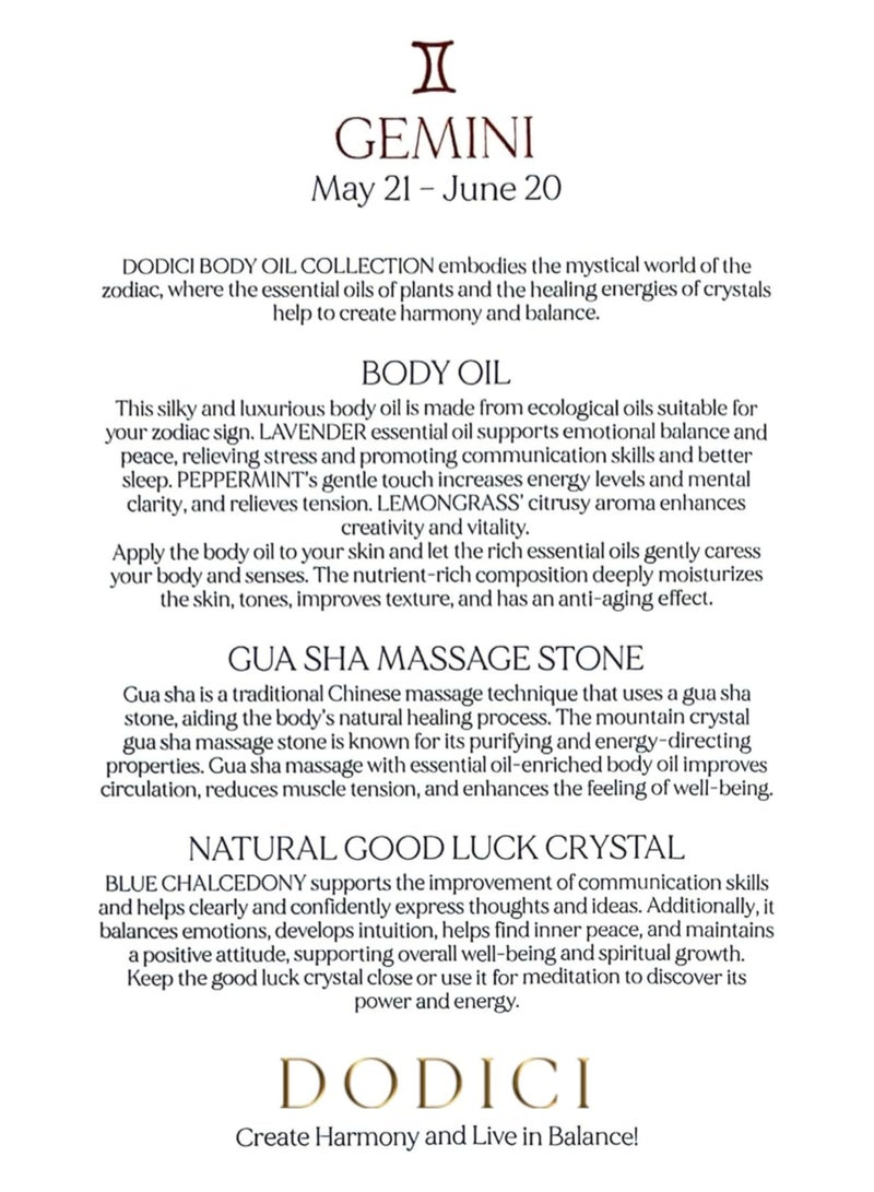 Dodici Gift Set Inspired by Your Zodiac Sign (Gemini) Silky and luxurious body oil made from ecological oils | Perfect for a Birthday Gift | Organic Body Oil & Natural BLUE CHALCEDONY Gift Set + Gua Sha - Image 3