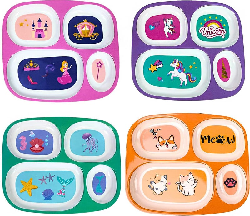 4E's Novelty 4Es Novelty 4 Melamine Dinner Plate for Kids Girls Plastic Mealtime Divided Plates Dinnerware Dishes Set For Toddlers Picky Eaters BPA Free Princess Unicorn Sea Life Cat