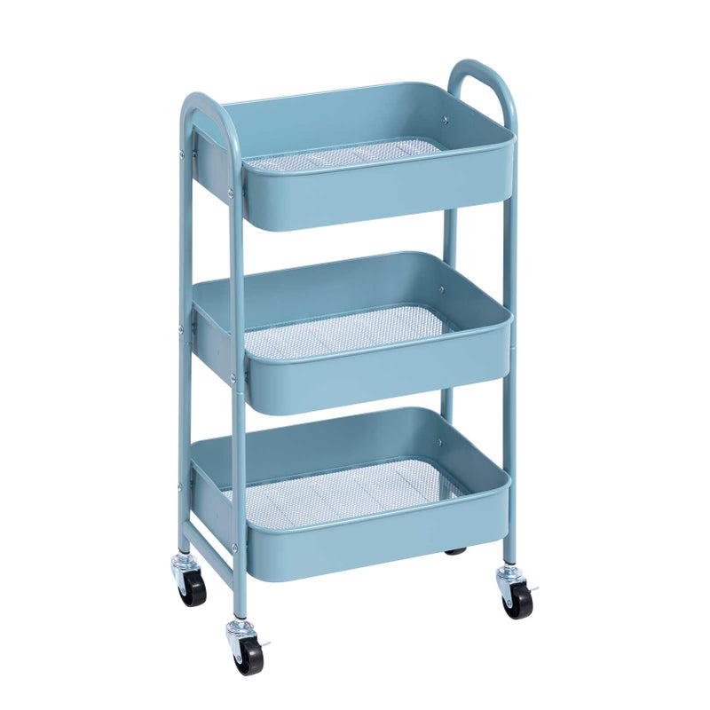 AGTEK Makeup Cart Movable Rolling Organizer Cart GreyBlue 3 Tier Metal Utility Cart