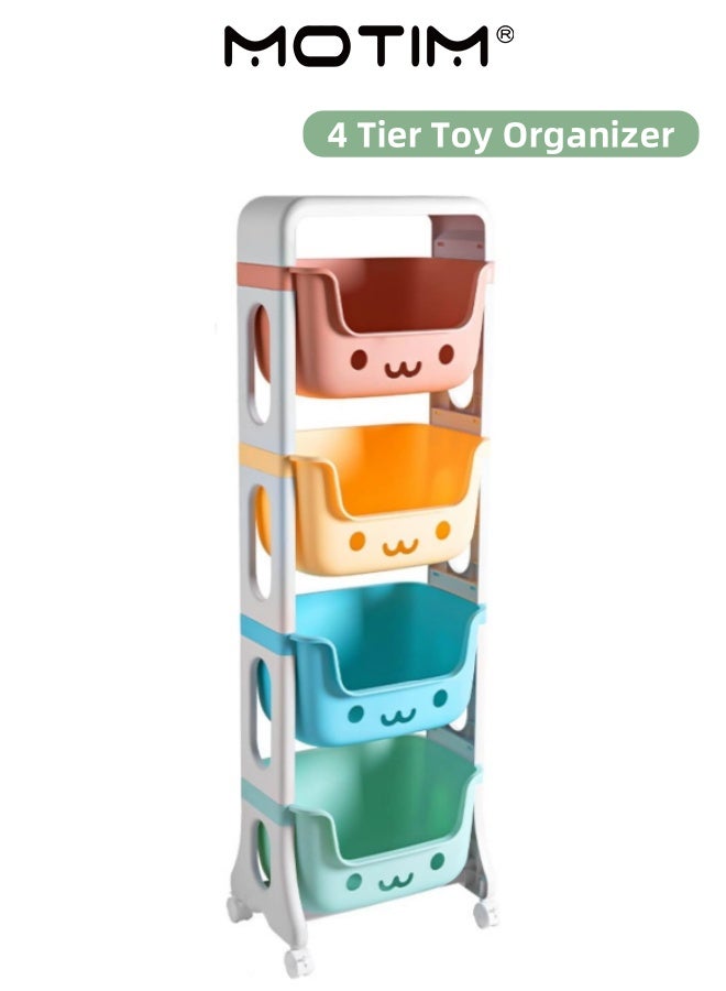 Motim 4 Tier Toy Organizer Free Standing Stackable Rolling Cart Storage Bins Organizer with 4 Wheels Playroom Decor Doll Activity Rack Shelf Plastic Bins for Pantry Kitchen Bathroom Storage  - Image 1