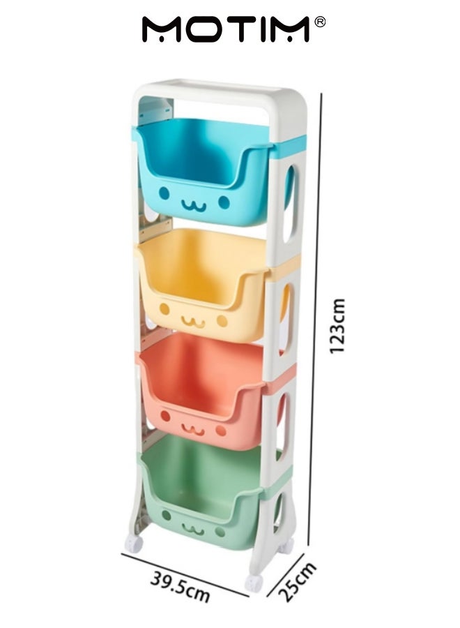 Motim 4 Tier Toy Organizer Free Standing Stackable Rolling Cart Storage Bins Organizer with 4 Wheels Playroom Decor Doll Activity Rack Shelf Plastic Bins for Pantry Kitchen Bathroom Storage  - Image 3