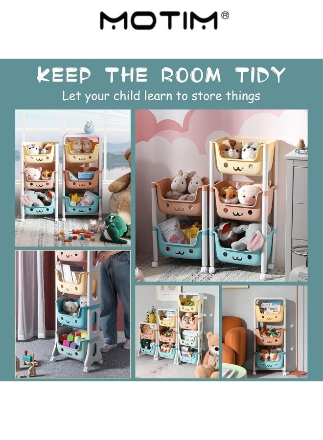 Motim 4 Tier Toy Organizer Free Standing Stackable Rolling Cart Storage Bins Organizer with 4 Wheels Playroom Decor Doll Activity Rack Shelf Plastic Bins for Pantry Kitchen Bathroom Storage  - Image 4