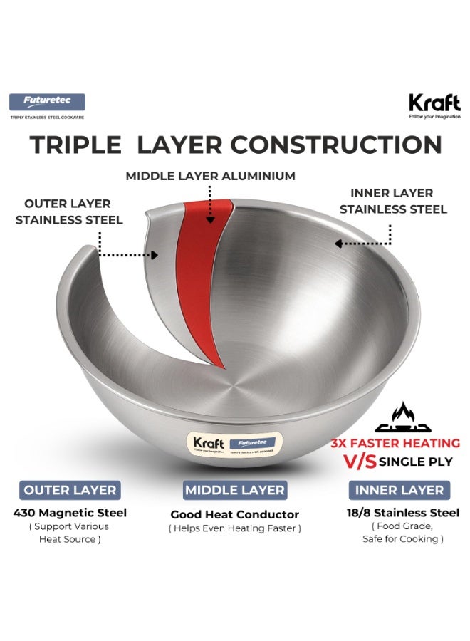 Kraft- follow your imagination Futuretec Triply Stainless Steel Extra Deep Tasla 18cm, 1.1 L | Kadai for Frying, Tempering | Less Oil Healthy Cooking | Induction + Gas | 2.5mm Thick | BPA & PFOA Free | 5 Year Warranty - Small - Image 3