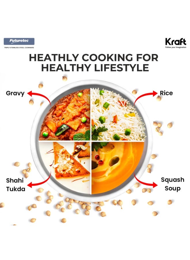 Kraft- follow your imagination Futuretec Triply Stainless Steel Extra Deep Tasla 18cm, 1.1 L | Kadai for Frying, Tempering | Less Oil Healthy Cooking | Induction + Gas | 2.5mm Thick | BPA & PFOA Free | 5 Year Warranty - Small - Image 2