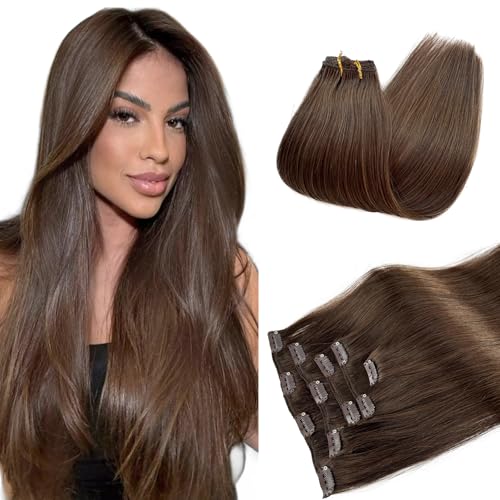 Licoville Clip in Hair Extensions Real Human Hair Brown Thick Hair Extensions Clip in 12 Inch Licoville Medium Brown Human Hair Clips ins for Women - Image 1