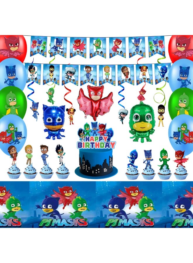 إيلوفهابرتي زينة حفلة عيد ميلاد PJ Masks، مجموعة زينة حفلة PJ Masks مكونة من 36 قطعة - بالونات PJ Masks، لافتة، مفرش طاولة، زينة كب كيك، إلخ. مستلزمات حفلة عيد ميلاد للأطفال - Image 1