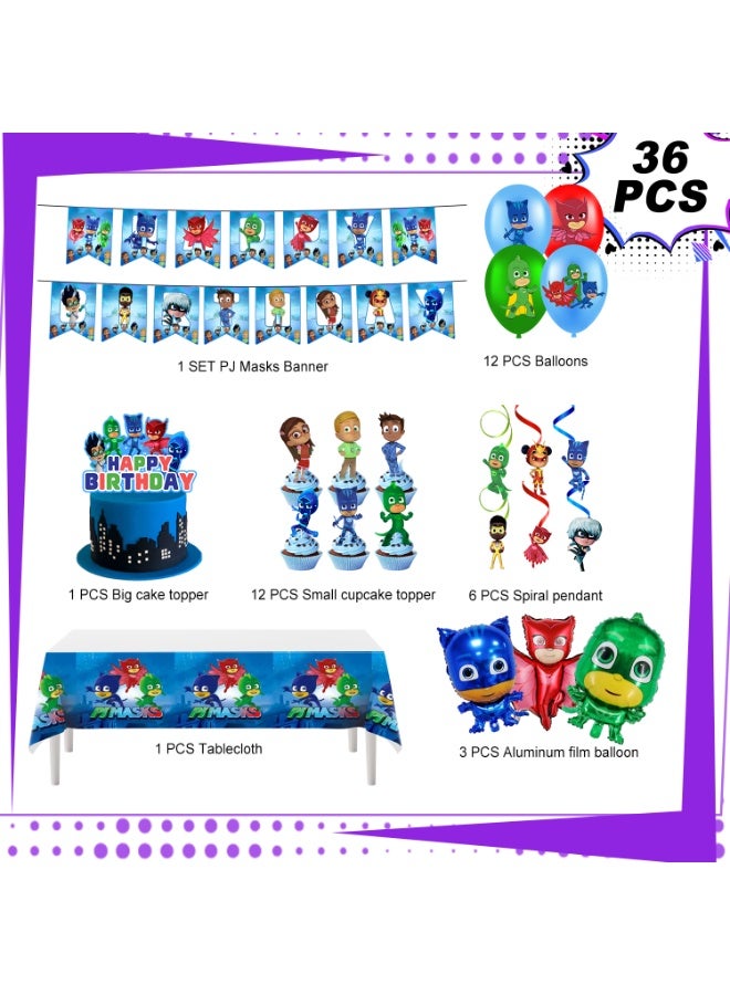 إيلوفهابرتي زينة حفلة عيد ميلاد PJ Masks، مجموعة زينة حفلة PJ Masks مكونة من 36 قطعة - بالونات PJ Masks، لافتة، مفرش طاولة، زينة كب كيك، إلخ. مستلزمات حفلة عيد ميلاد للأطفال - Image 3