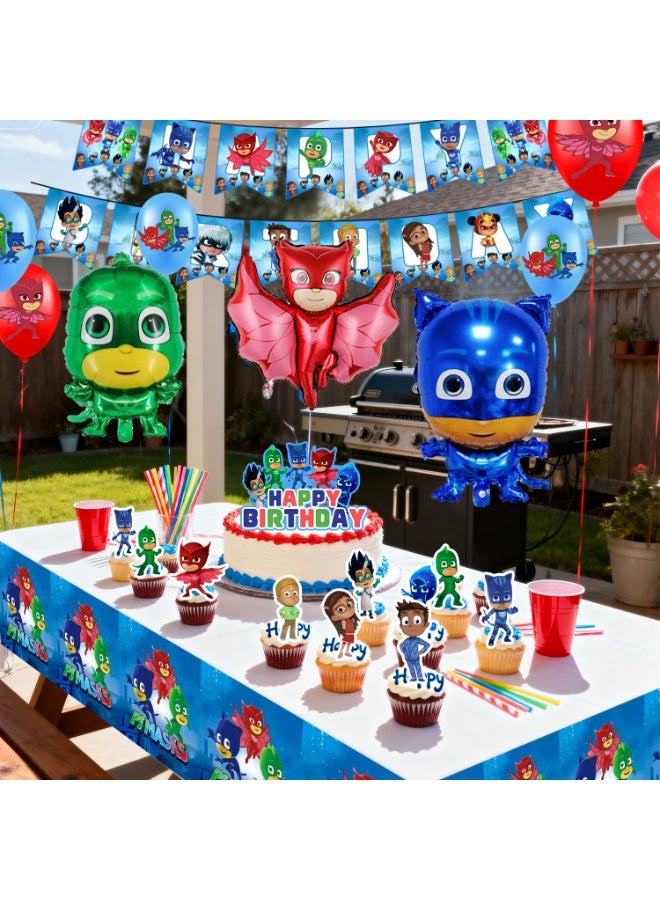 إيلوفهابرتي زينة حفلة عيد ميلاد PJ Masks، مجموعة زينة حفلة PJ Masks مكونة من 36 قطعة - بالونات PJ Masks، لافتة، مفرش طاولة، زينة كب كيك، إلخ. مستلزمات حفلة عيد ميلاد للأطفال - Image 5