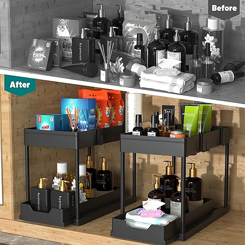 MEAFBIRD 2 Pack Under Sink Organizer, 2 Tier Bathroom Cabinet Organizer with Sliding Basket, Multi-Purpose Under Sink Organizers and Storage for Bathroom Kitchen (Black 2 Pack) - Image 3