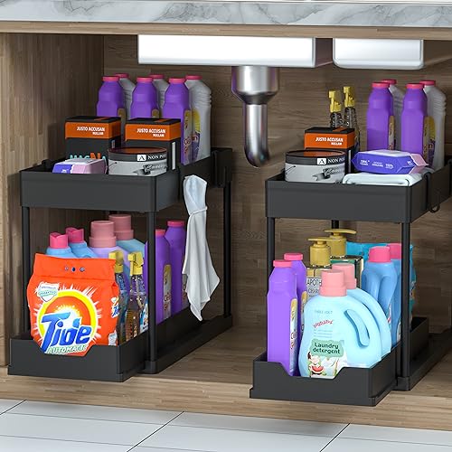 MEAFBIRD 2 Pack Under Sink Organizer, 2 Tier Bathroom Cabinet Organizer with Sliding Basket, Multi-Purpose Under Sink Organizers and Storage for Bathroom Kitchen (Black 2 Pack) - Image 1