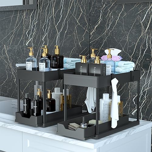 MEAFBIRD 2 Pack Under Sink Organizer, 2 Tier Bathroom Cabinet Organizer with Sliding Basket, Multi-Purpose Under Sink Organizers and Storage for Bathroom Kitchen (Black 2 Pack) - Image 5